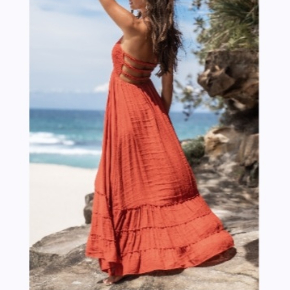 Flowy maxi backless summer beach vacation dress red size S
